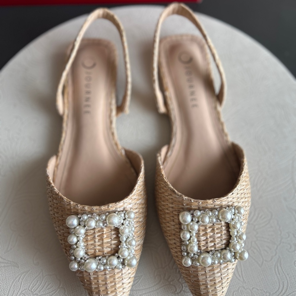 Journee Collection Beige Woven Slingback Flats with Pearl Buckles